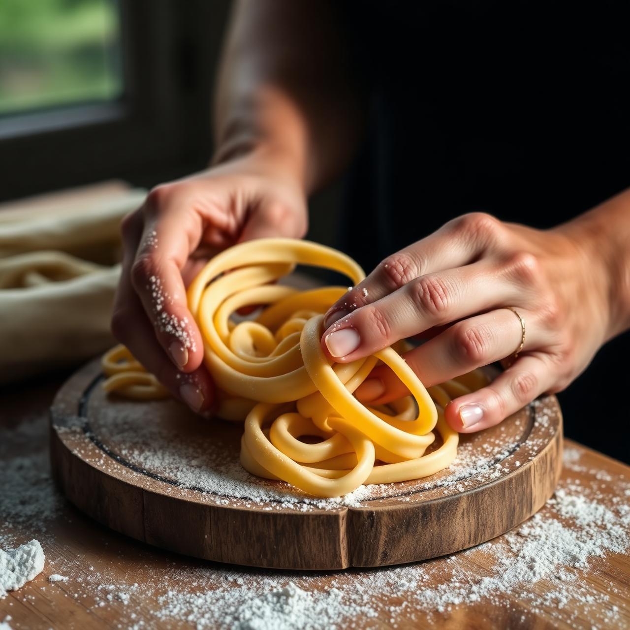 Hands shaping fresh handmade pasta